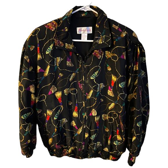 Vintage 90s Rhoda Lynne 100% Silk Tassel Print Bomber Jacket - Size Small - Picture 7 of 9